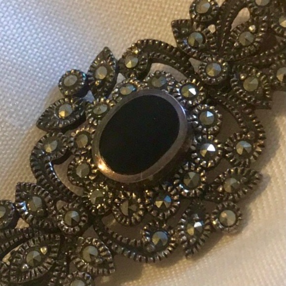 ! SOLD!! VINTAGE 60s 925 MARCASITE ONYX BROOCH - Picture 5 of 6